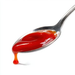 A close-up shot of a spoonful of vibrant red ketchup, dripping slightly, isolated against a clean white background