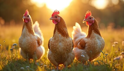 Fototapeta premium Three free-range chickens stand grass at sunset. Domestic birds, animal welfare, poultry farming, organic meat, eggs, rural agriculture. Healthy lifestyle, eco-friendly farm, open space, sunshine on