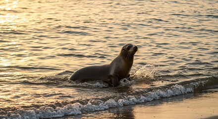 Fototapeta premium Sea lion emerging gracefully from the ocean during a warm golden sunset
