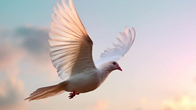 White dove flying across pastel sky, smooth tracking motion. 4K
