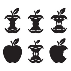 Apple Core Icon Set &ndash; Minimalist Black Apple and Bite Symbol Illustrations