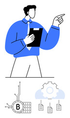 Professional explaining blockchain process with Bitcoin symbol, cloud storage, and gear for innovation. Ideal for finance, technology, cloud computing, cryptocurrency, innovation, data management