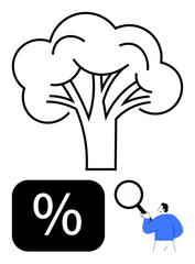 Large tree graphic, percentage icon, person analyzing with magnifying glass. Ideal for analysis, growth, research, ecology, finance education sustainability. Simple flat metaphor