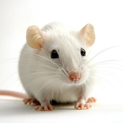 Close up portrait of a white mouse with pink nose and ears against a white background looking forward