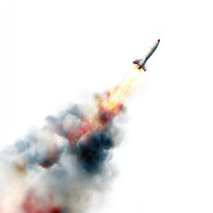 A missile is shown launching with fire and smoke trails against a clean white background
