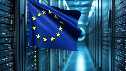 European Union flag alongside a globe in a modern server room environment, flag of eu and globe over server room - Powered by Adobe
