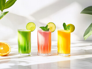 Three Vibrant Smoothie Glasses in Pink and Yellow