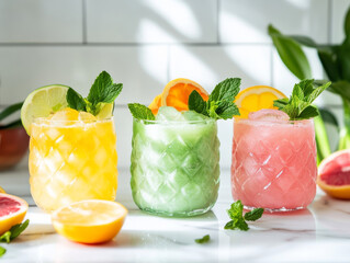 Three Vibrant Smoothie Glasses in Pink and Yellow