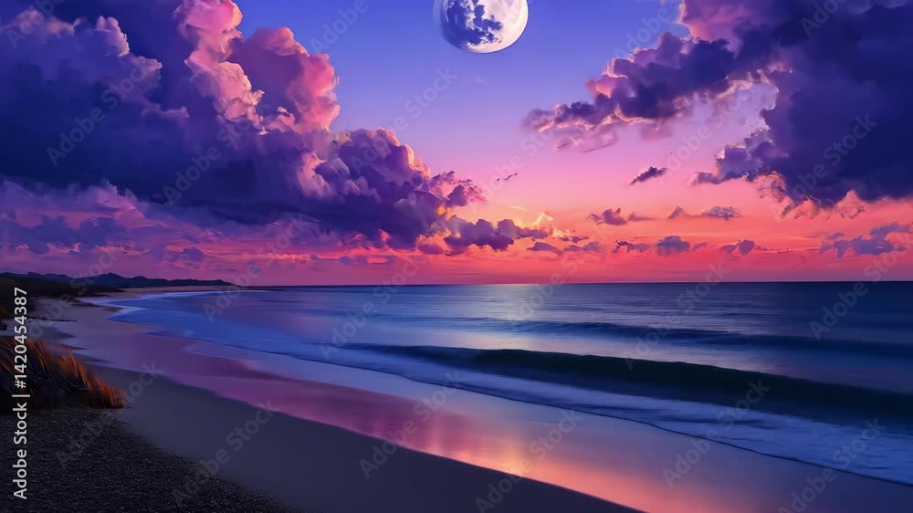 Poster romantic moon shining through clouds over serene beach at twilight, romantic moon with clouds and sk