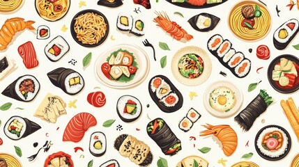Delicious Asian cuisine illustrations pattern offers a delectable culinary adventure