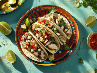 Three Vibrant Street Tacos Filled with Grilled Meat