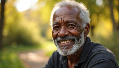 Smiling senior black man outdoors in garden. Older african american male portrait. Mature elderly guy smiles, happy. Elderly man in park. Positive senior man, joyful, relaxed, looking camera.