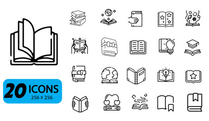 Set 2 of 20 Book and Reading Icons, Outline Style, 256x256 Pixels