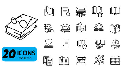 Set of 20 Book and Reading Icons, Outline Style, 256x256 Pixels