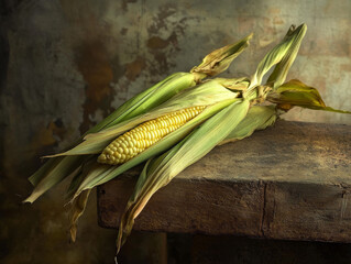 Two Golden-Yellow Corn Cobs with Green Husks