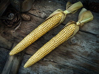 Two Golden-Yellow Corn Cobs with Green Husks