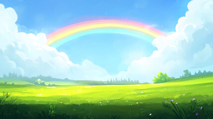 Vast Green Meadow Under a Vibrant Rainbow