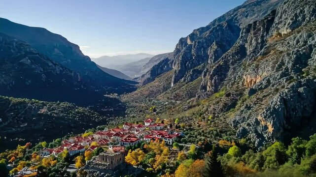 Aerial view of autumn foliage surrounding a mountain village in the valley, Aerial view around the mountains and the village of Delphi in Greece on a sunny day in autumn