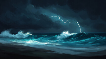 Violent Ocean Waves Under a Dark Stormy Sky