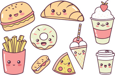 Kawaii Food PNGs for Design Projects. Kawaii Food Art for Crafting Ideas. Clipart of Cute Kawaii Food Faces. Kawaii Food Design Assets for Creators. Printable Kawaii Food Sticker Art. Kawaii Food Clip