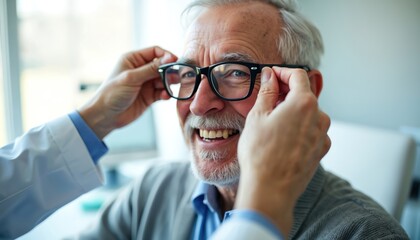 Doctor fits glasses on cheerful, aged male patient during eye exam. Happy senior man trying on new eyeglasses. Vision care pro in optometry clinic adjusts spectacles. Old man eyesight checkup.