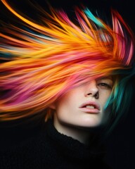 Fototapeta premium A close-up portrait of a person with vibrant, multicolored hair flowing dramatically. The hair features shades of orange, pink, and blue, creating a striking visual effect against a dark background.