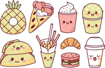 Kawaii Food PNGs for Design Projects. Kawaii Food Art for Crafting Ideas. Clipart of Cute Kawaii Food Faces. Kawaii Food Design Assets for Creators. Printable Kawaii Food Sticker Art. Kawaii Food Clip