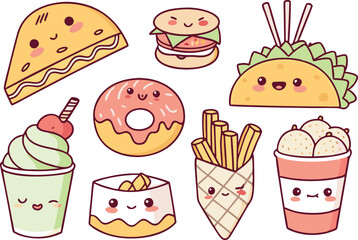 Kawaii Food PNGs for Design Projects. Kawaii Food Art for Crafting Ideas. Clipart of Cute Kawaii Food Faces. Kawaii Food Design Assets for Creators. Printable Kawaii Food Sticker Art. Kawaii Food Clip