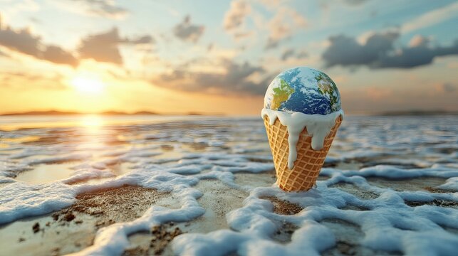 Melting Earth Globe Ice Cream Cone Sunset Beach Global Warming Climate Change Environmental Concept Dramatic Scene Summer Heat Wave Ocean Waves Sandy  - Powered by Adobe