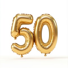 Golden number fifty balloons floating on a white background studio shot