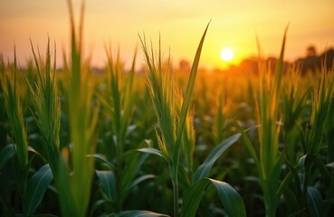 Fototapeta premium Corn field during sunset. Maize plants grow in farmland. Agriculture, farming, eco concept. Beautiful sunlight creates atmosphere. Agriculture industry concept. Rural background, harvest time.