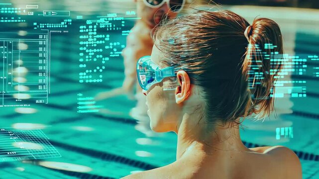 Caucasian female engages in data visualization while relaxing in a pool during a sunny day, data processing and diagrams over caucasian female friends in swimming pool