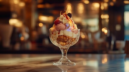 A modern ice cream sundae with luminous toppings in a luxury parlor 