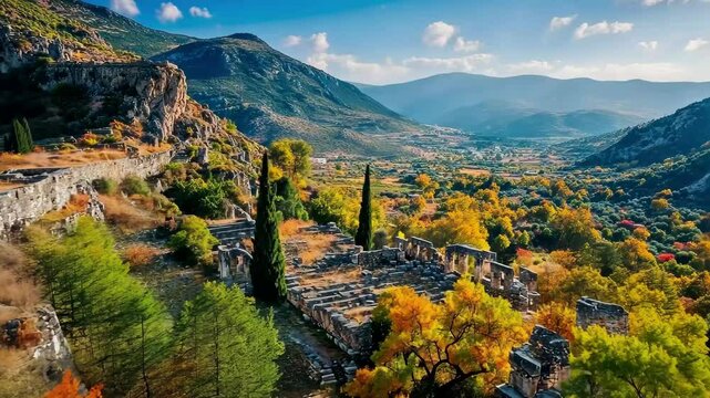 Ancient Mycenae ruins surrounded by vibrant autumn colors in Greece, Aerial view around the ruins of Myc&Atilde;&uml;nes in Greece on a sunny day in autumn