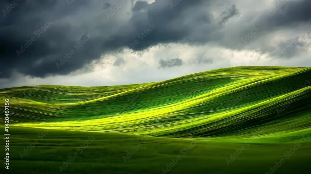Poster vast green wheat field stretches beneath an ethereal horizon with dramatic clouds overhead, ethereal