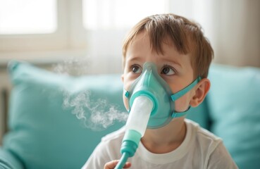 Young child using medical nebulizer mask inhaling steam. Respiratory therapy treats lungs, asthma, allergies, bronchitis cough. Portrait of child, treatment of seasonal respiratory problems.