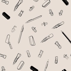 Stationery Supplies Seamless Pattern in Minimal Line Art Style
