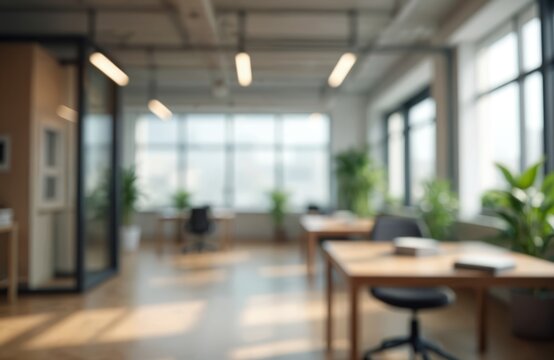 Blurred modern office interior design. Contemporary workspace for creative business. Empty room with wooden desks and chairs near windows. Green plants add eco accents. Loft design with natural light.