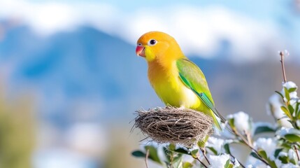 Vibrant parrot perched on a nest amidst snow.  A colorful parrot with yellow and green plumage sits atop a weathered nest,  with snow-covered branches in the foreground.  A soft,