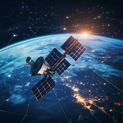 Solar-panel-equipped satellite orbiting the earth with network lines