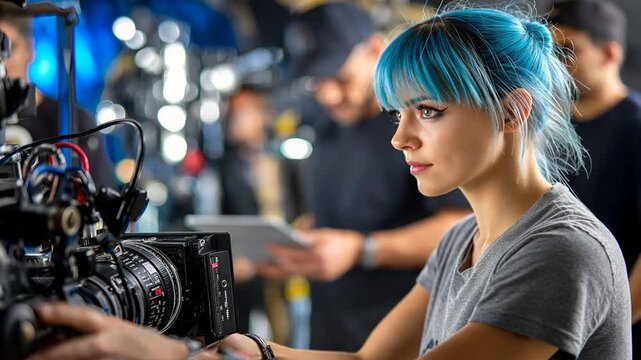 A young female cinematographer adjusting camera settings in the studio