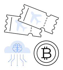 Airplane tickets, a brain cloud with AI connections, and a Bitcoin emblem. Ideal for travel, technology, AI, cryptocurrency, global business innovation and future trends. Flat simple metaphor