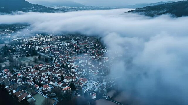 Aerial view of Ambrieu-en-Bugey shrouded in mist highlights morning tranquility and natural beauty, Aerial view around the city Amb&Atilde;&copy;rieu-en-Bugey in France on a low cloud afternoon in late winter