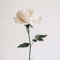 Fototapeta premium A single pale rose with stem and leaves against a plain white background in a minimalist composition