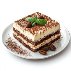 A square slice of tiramisu garnished with basil and chocolate on a plate