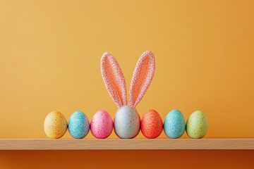 Obraz premium Easter eggs and bunny ears on a shelf against an orange background.