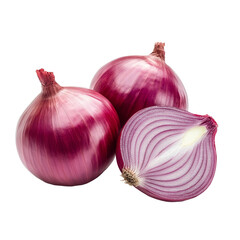 Fresh red onions and a slice isolated on a clean transparent background, highlighting their vibrant color and texture, fresh red onion isolated on transparent background