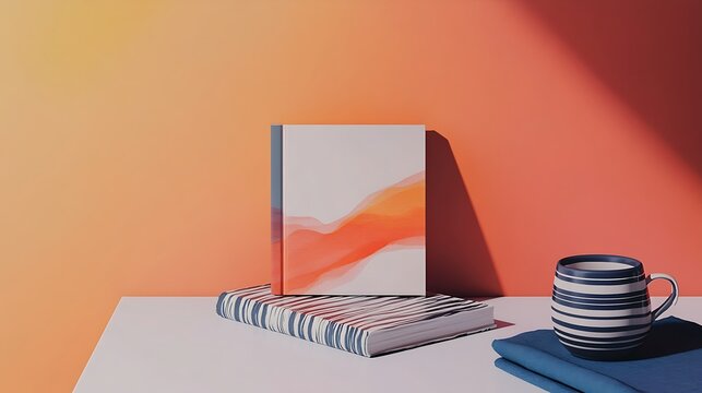 A modern minimalist desk featuring a book with abstract cover art, a striped muffaral, and a ceramic cup 