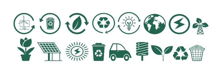 Green Recycling Symbols – Eco-Friendly Icons for Sustainability, Renewable Energy, and Waste Reduction