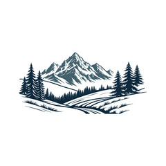 "Serene Mountain Landscape with Snow-Capped Peaks and Evergreen Trees in a Monochromatic Blue Palette"